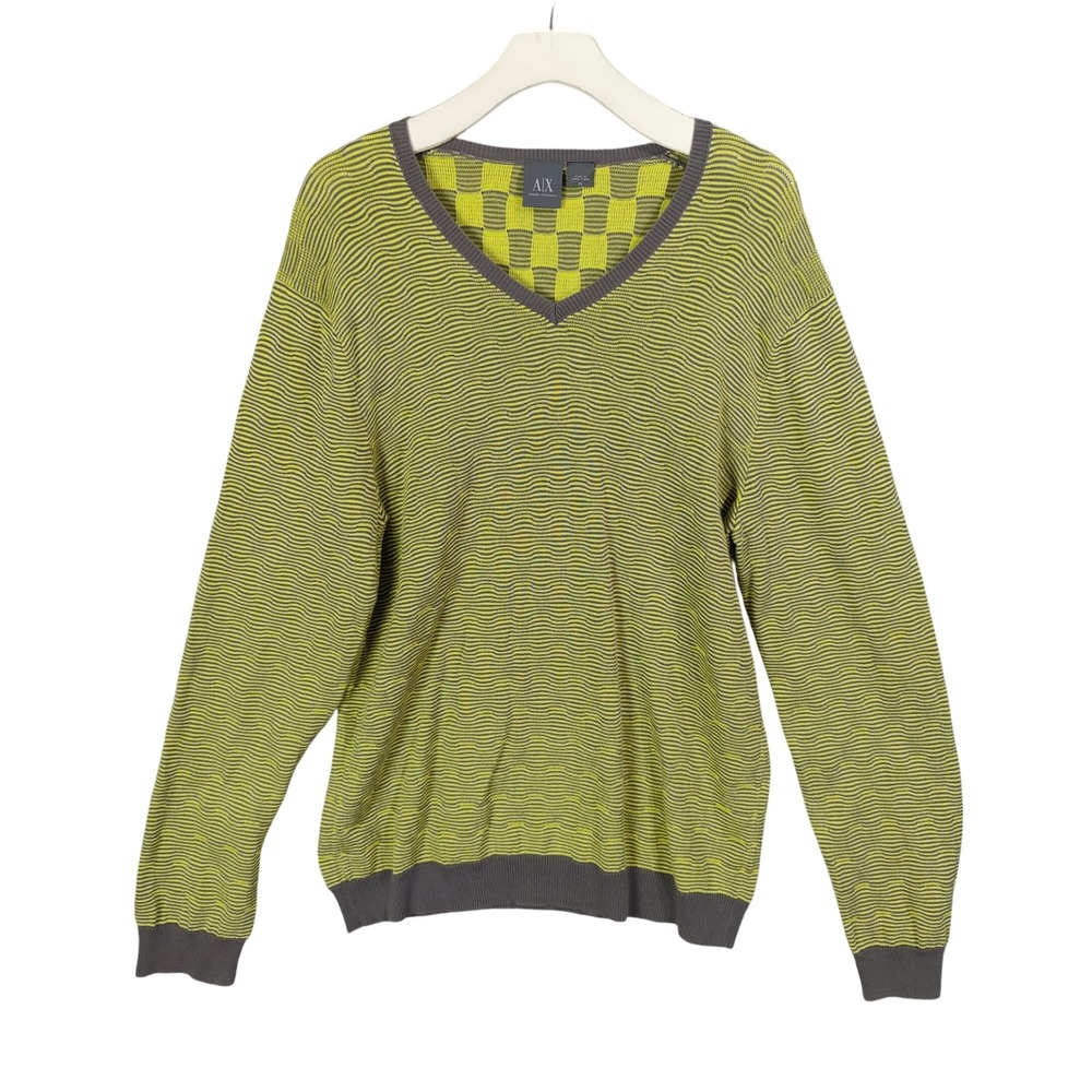 AX Armani Exchange Mens XL Luxe Cozy Warm VNeck Sweater Yellow Grey Wave Stripes